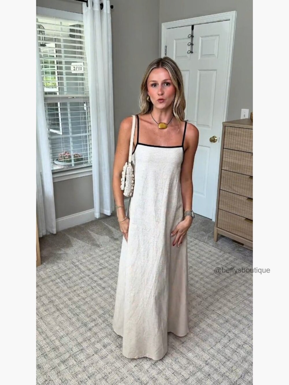 Linen Maxi Dress with Contrast Trim Spaghetti Strap Backless Casual Beach - Picture 7 of 7